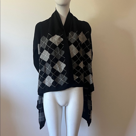 Ply Cashmere Black and Gray Argyle Asymmetric Cardigan - Picture 1 of 5